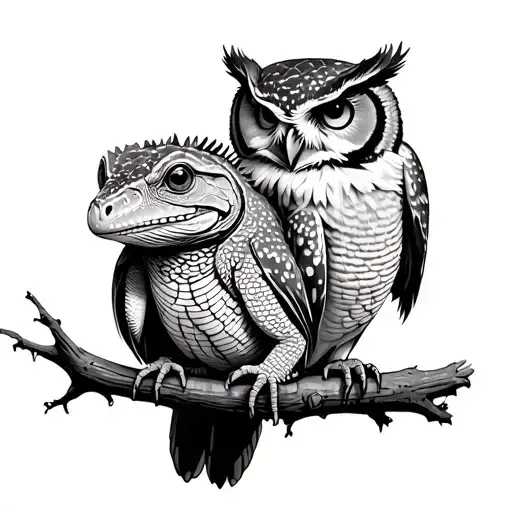 Owl And Iguana Perched