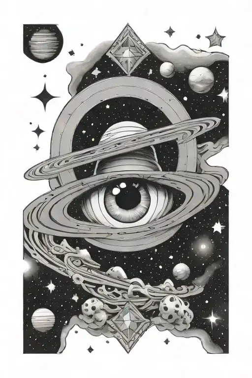 Giant Saturn In The Background With A Woman's Eye In Front Of The Saturn And Stars Around It