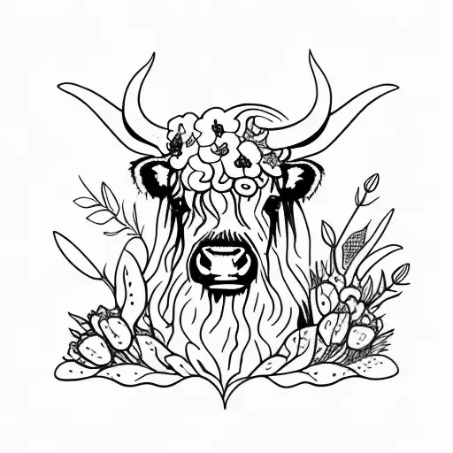 Highland Cow With Flowers Entertwined In Its Horns
