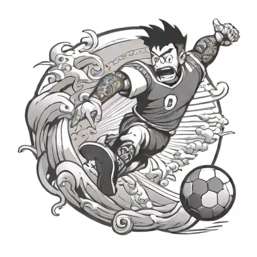 A Black-grey Tattoo Of A Cartoon Character Playing Football In A Japanese Setting