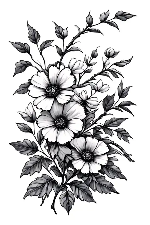 Wild Flowers Growing With Leaves And Wispy Willow Tree