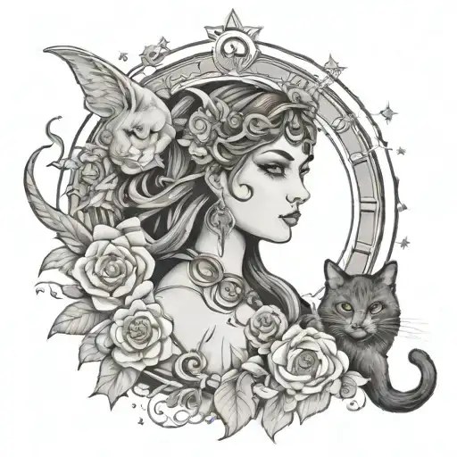 Hecate Surrounded By Flowers Rainbow And Moon And Stars With Cat