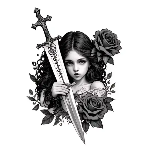 Girl Holding Sword And Letters Amor Fati And Cross And Rose Symbols