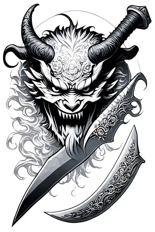 Japanese Knife With A Demon Mask In The Blade