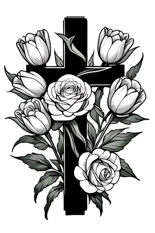 Cross With Tulips And Rose Behind It