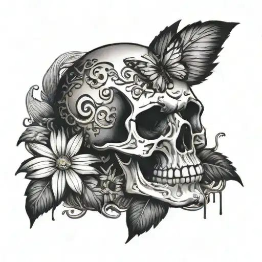 Skull On Bed Of Daisies Growing