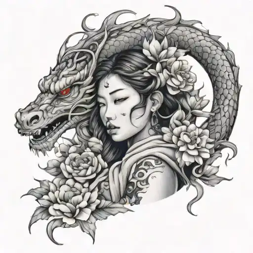 A Girl Is Wrapped Around A Chinese Dragon With Flowers