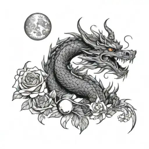 Asian Dragon With Roses And Moon Surrounded