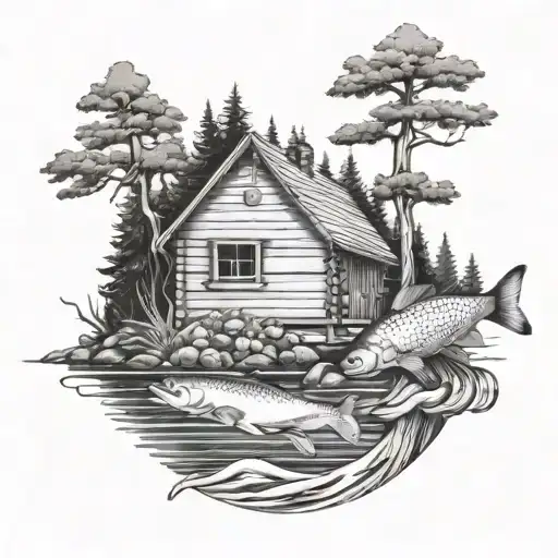Small Cabin In Woods Near Flowing River With Fish