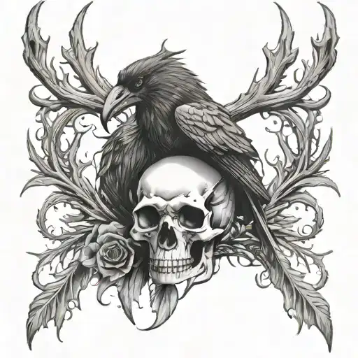 Skull With Deer Antlers And Raven