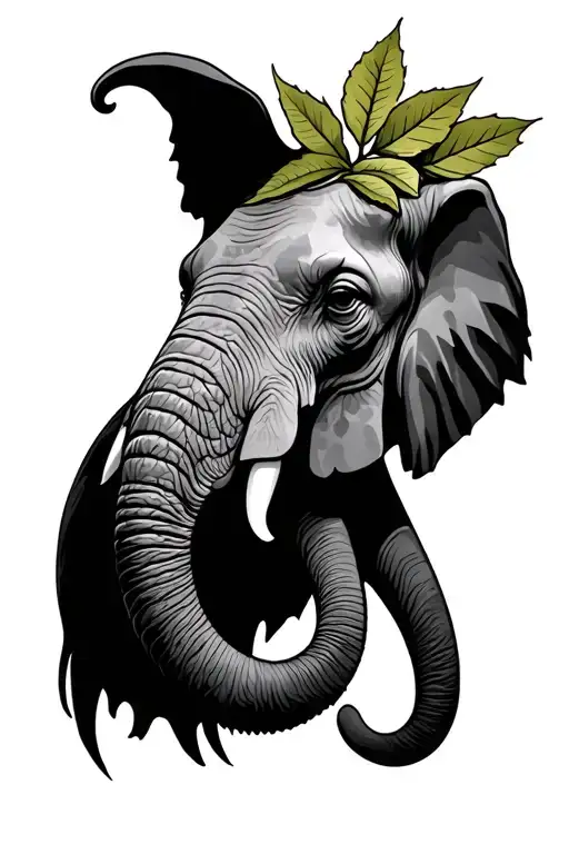 Elephant Head Adorned With Hazel Leaf Intertwined