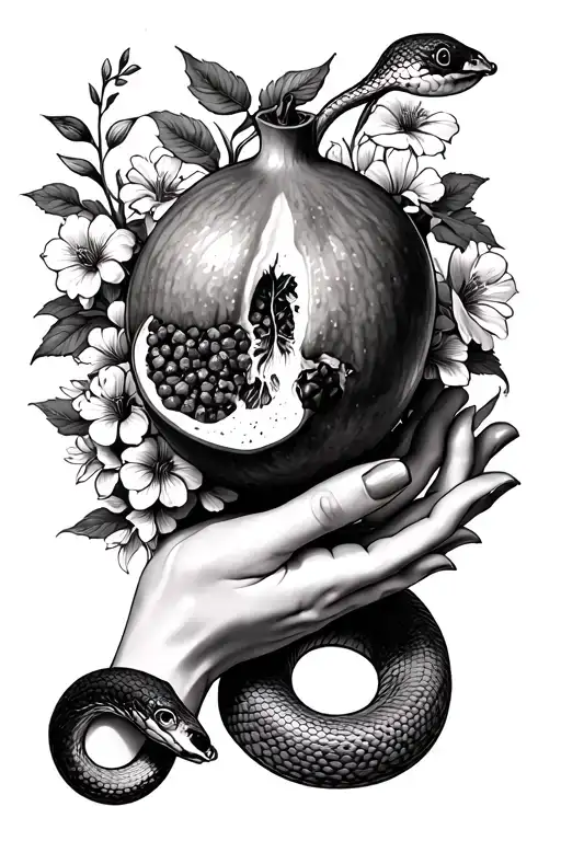 Arm And Hand Holding A Half Pomegranate Surrounded By Flowers And A Snake