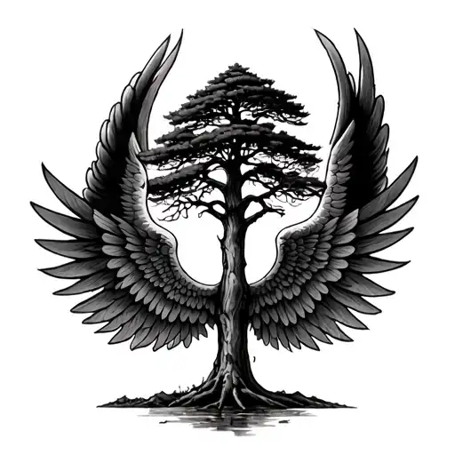 Lebanese Cedar Tree In The Middle And 2 Wings On The Side