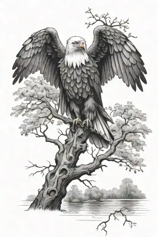 Eagle On A Tree Next To A Pond