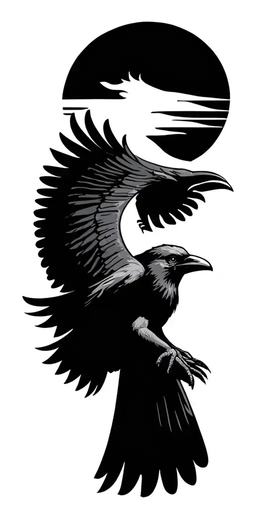 Hieroglyphic Crow Flying Towards The Sun