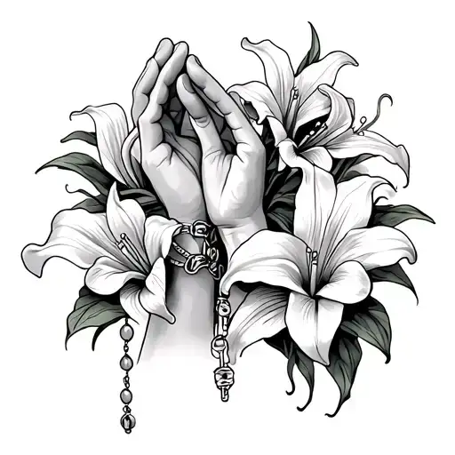 Prayer Hands With Rosary And Peace Lilies Coming