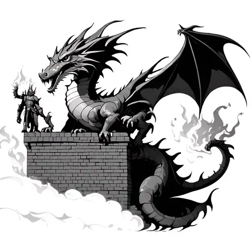 Dragon With A Knight On Top Spitting Fire Destroying A Wall Of Bricks