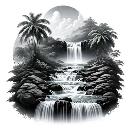 Black And Grey Reality Waterfall Scene In A Rainforest With Multiple Water Levels