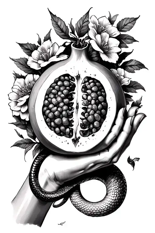 Arm And Hand Holding A Half Pomegranate Surrounded By Flowers And A Snake