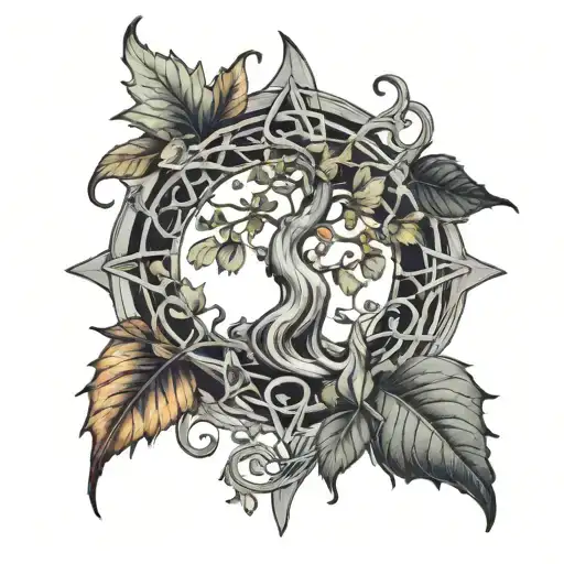 Pagan Symbols Intertwined With Morning Glorys And Yggdrasil