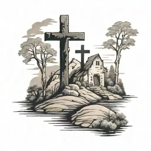Three Black Crosses In A Hill