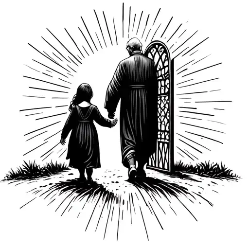 Heavens Gate Sun Rays Grandpa And Granddaughter Silhouette Holding Hand Walking In The Gates