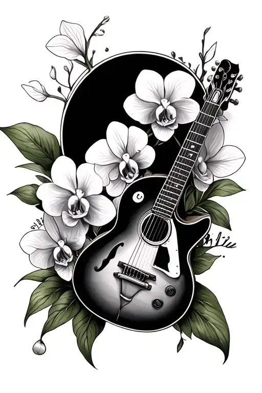 Memorial Tattoo With Guitar Surrounded By Orchids