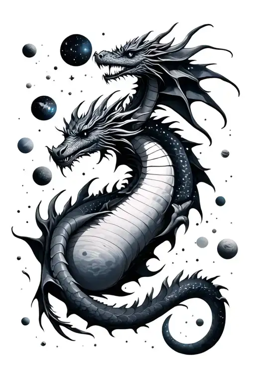 Dragon And Galaxy Filled With Planets