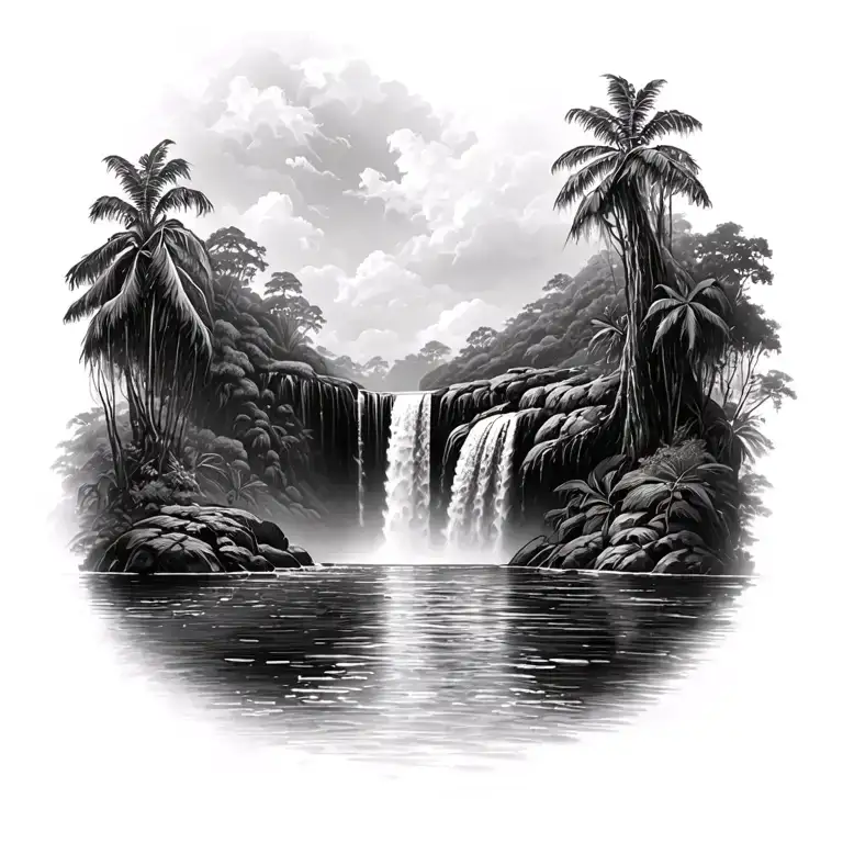 Black And Grey Reality Waterfall Scene In A Rainforest With Multiple Water Levels