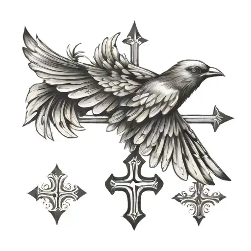 Bird And Three Cross Tattoo Design Featuring