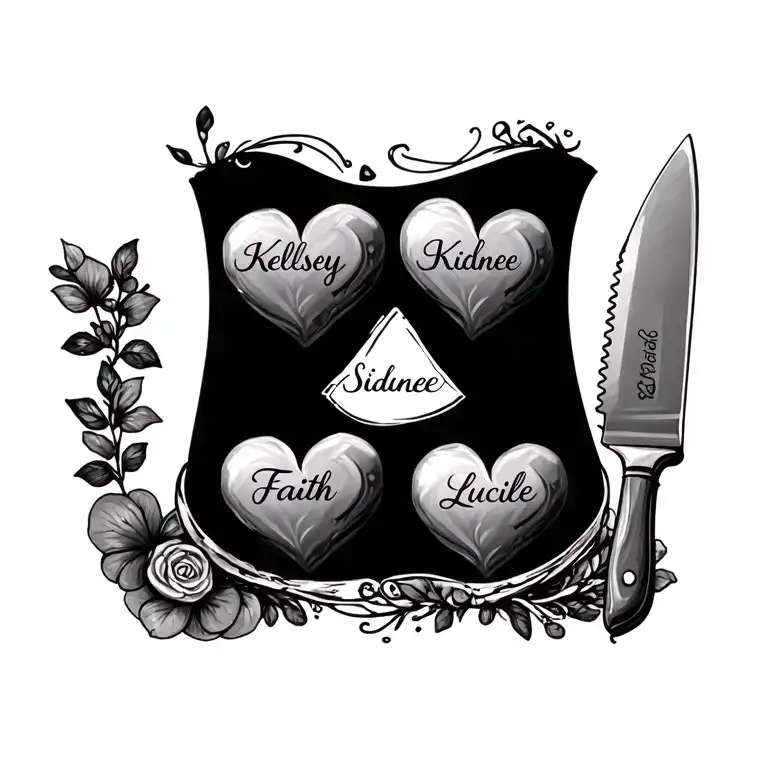 Abstract Of Food And Chef Knife And 4 Hearts With The Name Kelsey Sidnee Faith Lucille In Each Heart