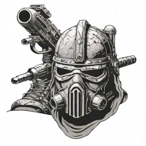 Star Wars Tusken Raider Helmet Mounted On A Rifle With Combat Boots At The Bottom