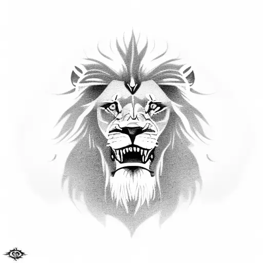 A Realistic Lions Face Tattoo With A Viking Symbol Strength In Black And Grey Style With Red Eyes
