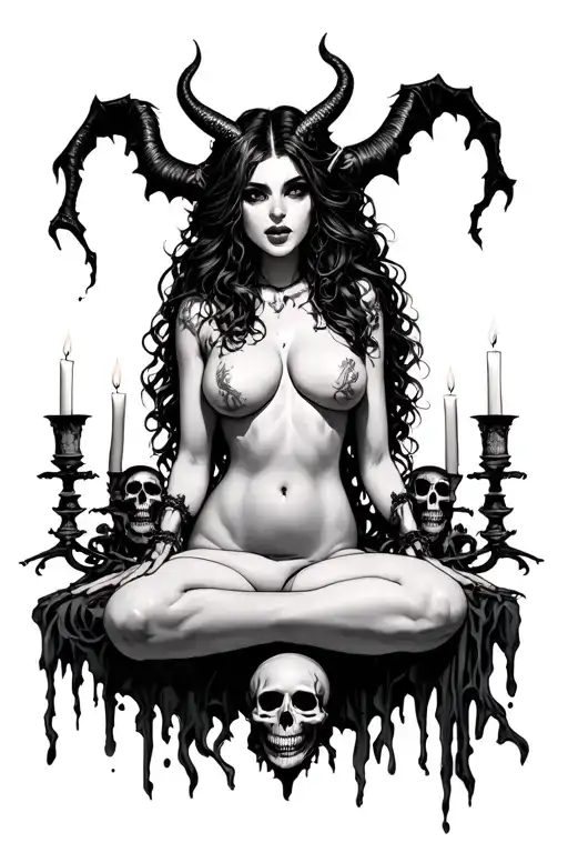 Sexy Full Body Nude Demon Woman Surrounded By Skulls And Candlesticks