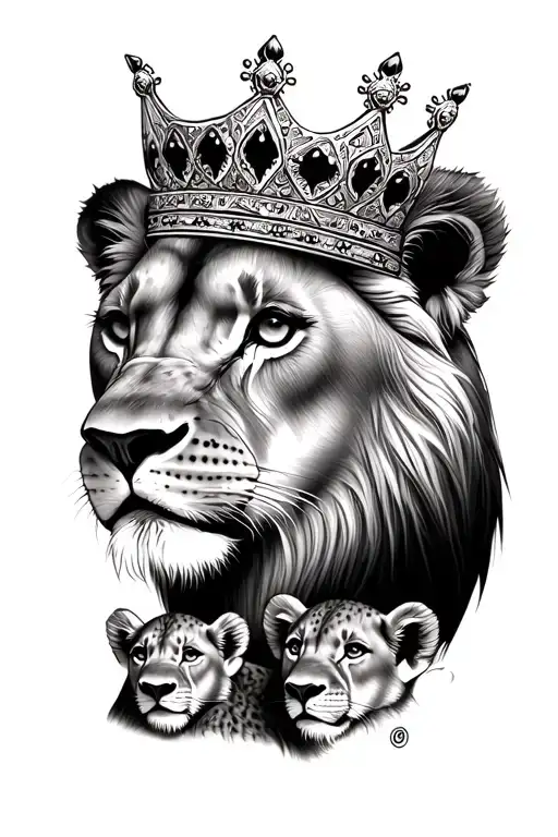 Lioness Wearing A Crown And Three Cubs Face Only