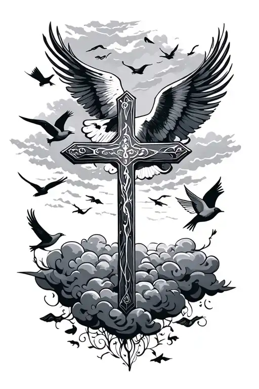 A Bible Verse With A Cross In The Bottom And Clouds And Birds