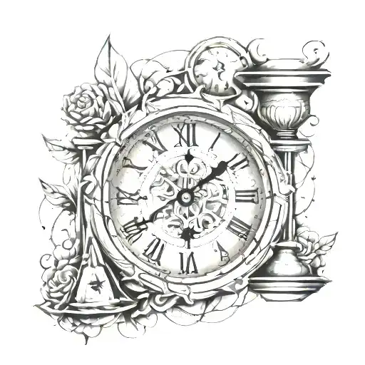 Clock With Cracks And Hourglass