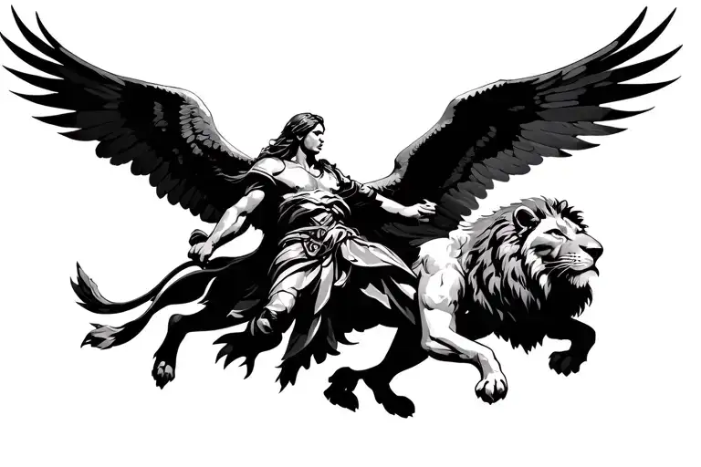 Guardian Angel Warrior With Lion And Eagle Soaring