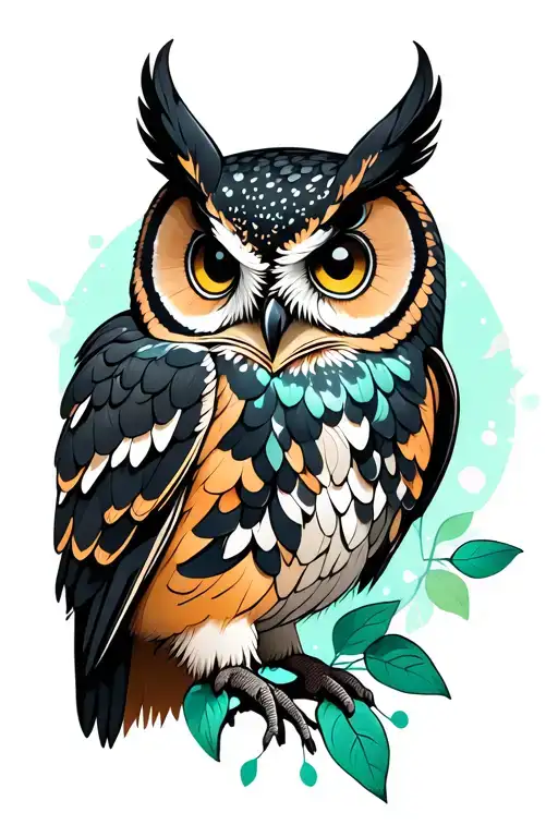 Celestial Owl With Large Eyes Black With Pops Of Dark Greens And Teal Color Perched With Leaves