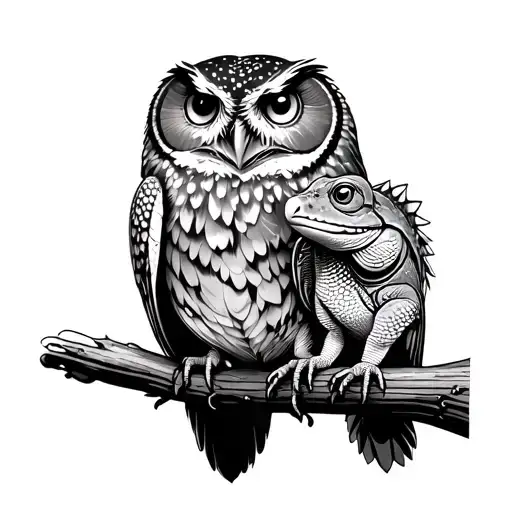 Owl And Iguana Perched