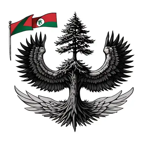 Lebanese Cedar Flag Tree In The Middle And Wings On The Side