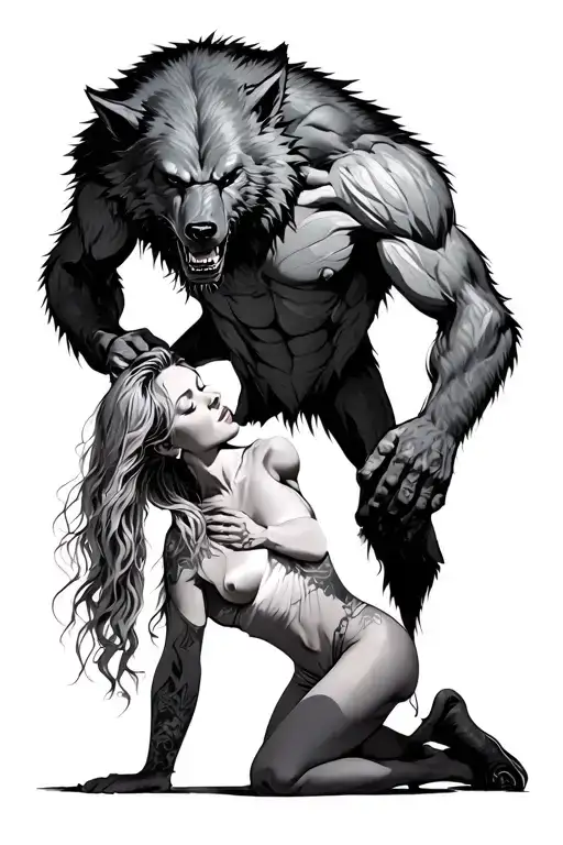 Werewolf Standing Over Submissive Woman Kneeling