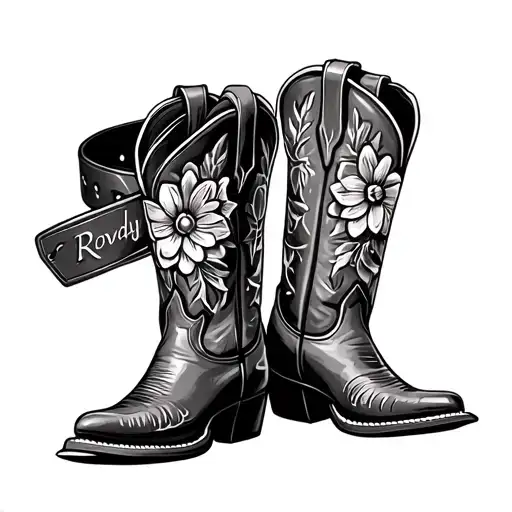 Leather Tooled Belt With Name Rowdy Around Cowboy Boots With Flowers In Them