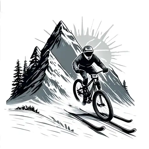 Distant Mountain With Skier Carving And Mountain Bike With Sun And Snow