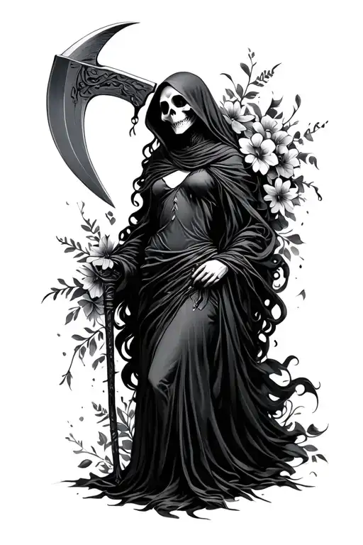 Feminine Grim Reaper With Scythe And Flowers Wrapped
