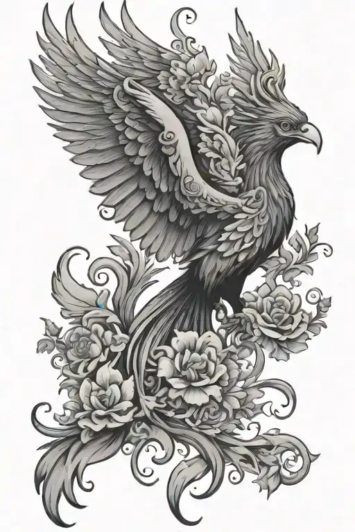 Phoenix Rising From Ashes With Floral Patterns