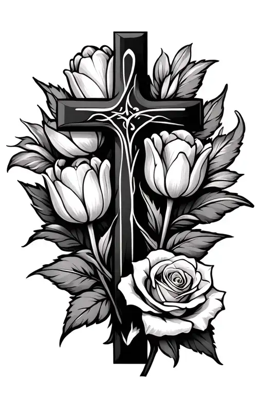 Cross With Tulips And Rose Behind It