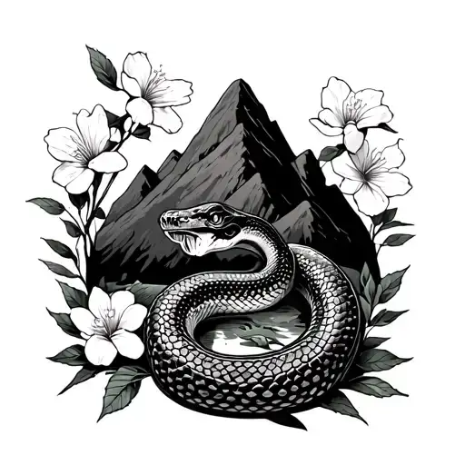 A Snake With Cherry Flowers Around It And A Mountain