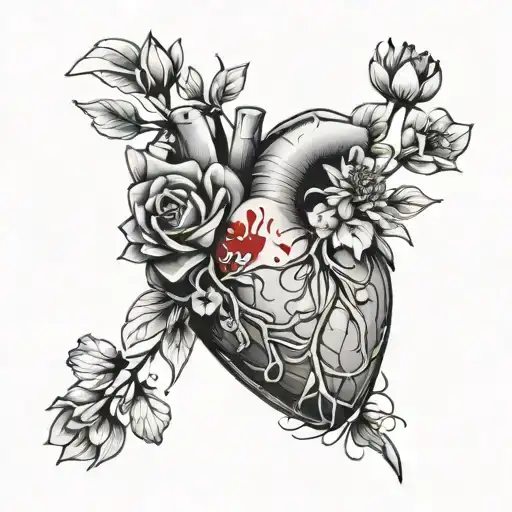 Broken Heart Bandaged Up With Flowers Blooming With Red Blood Minimalistic