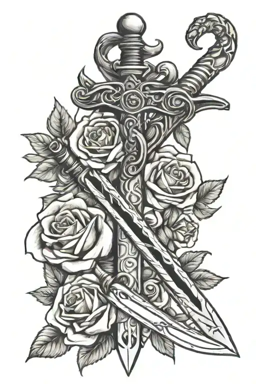 Sword Wrapped By Snake And Roses